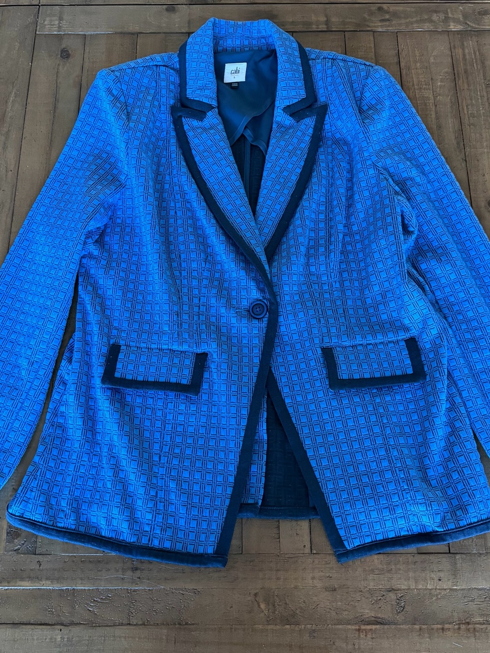 CAbi Bright Blue Textured Blazer with Black Trim